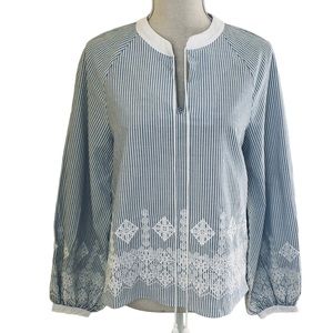 English Factory Blue and White Striped Long Sleeve Blouse with White Embroidery